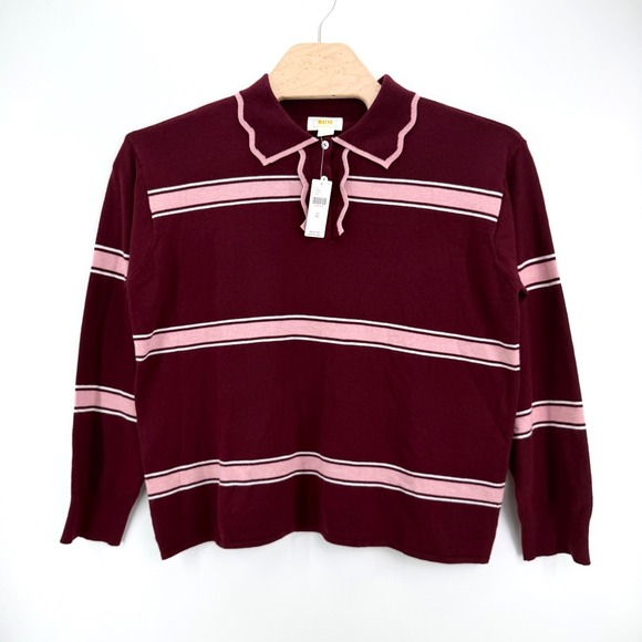 Maeve Sweaters - Maeve Anthropologie Knit Polo Women XL Wine Pink Scalloped Stripe Ruffle Sweater